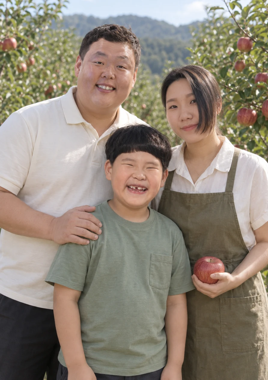 여름옷을 입고 사과나무 앞에 함께 선 오소영 농부와 남편, 아들